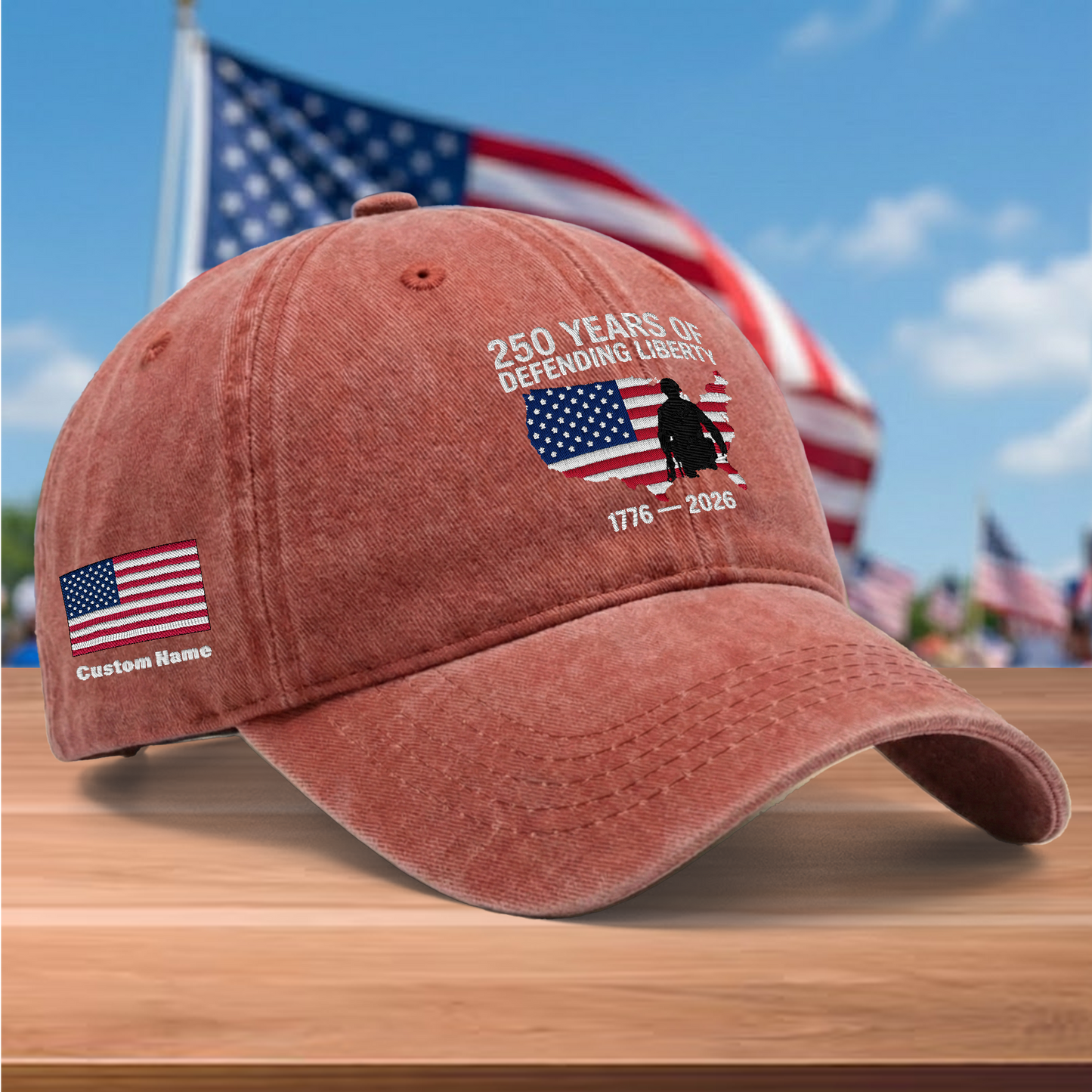 250 Years of Defending Liberty 1776-2026 Embroidered Washed Denim Baseball Cap – Custom Name Patriotic USA Military Anniversary Hat