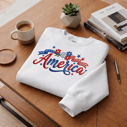 Floral America Embroidery Design - Patriotic USA Flag with Flowers