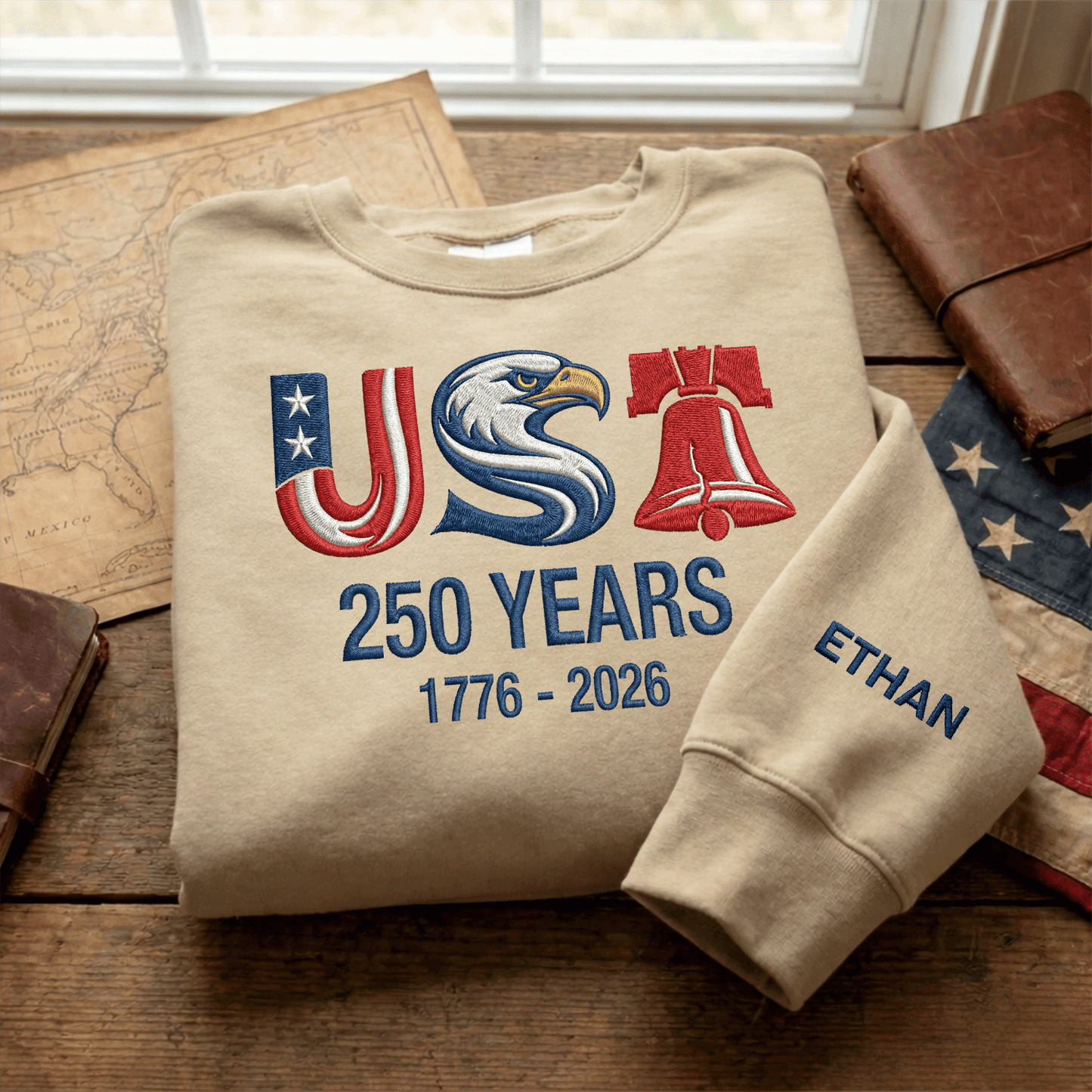 USA 250 Years 1776–2026 Embroidered Sweatshirt - Patriotic Independence Day Crewneck