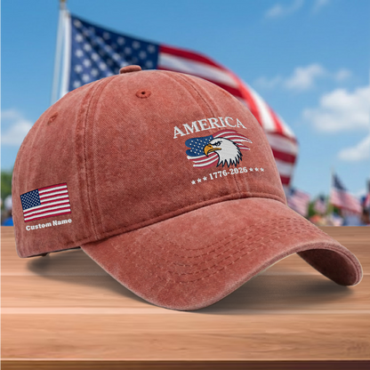 America 250 Years 1776-2026 Eagle Embroidered Washed Denim Baseball Cap – Custom Name Patriotic USA Anniversary Hat