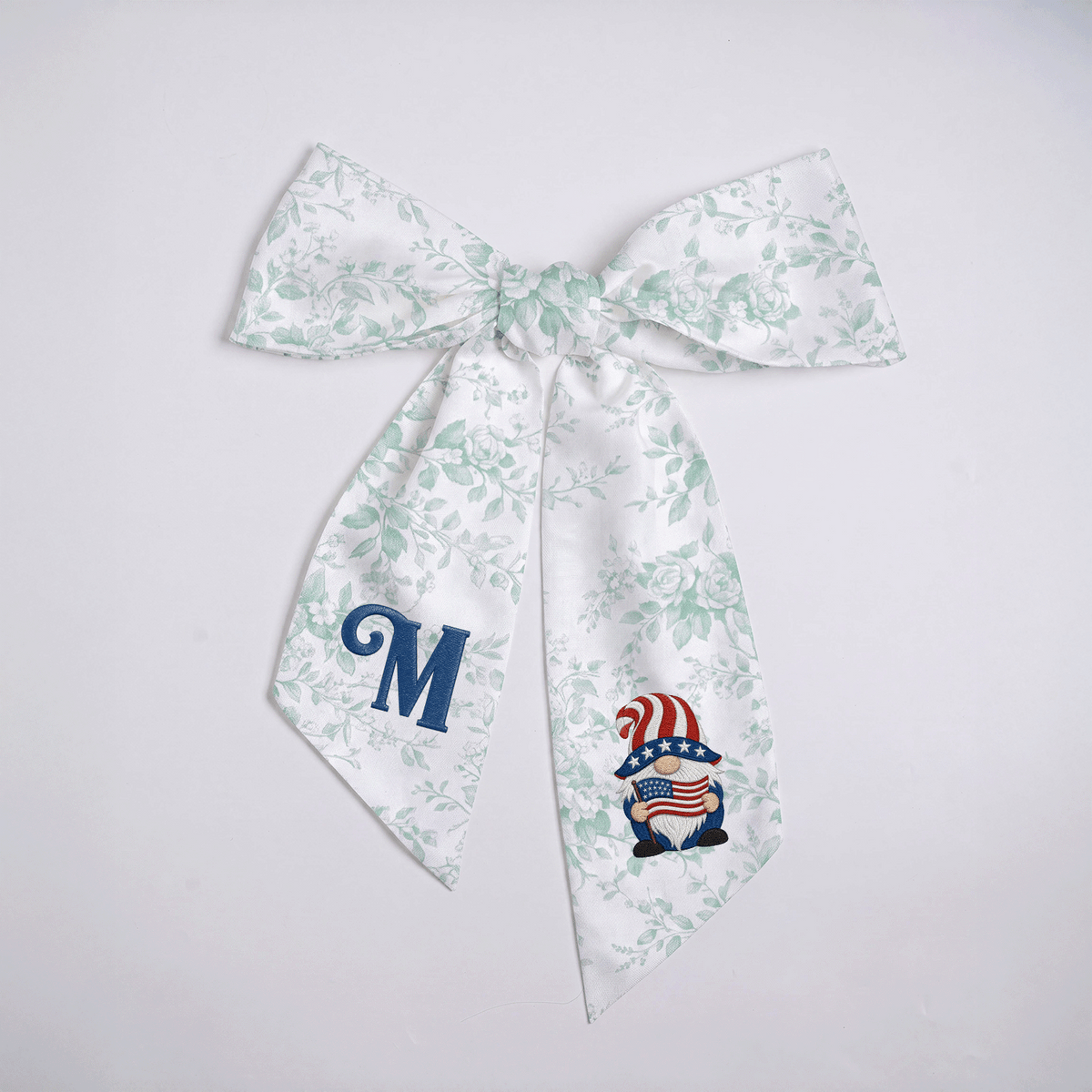 Custom Letter Patriotic Gnome American Flag Embroidered Linen Wreath Sash, Personalized Monogram 4th of July Bow Sash for Door Decor