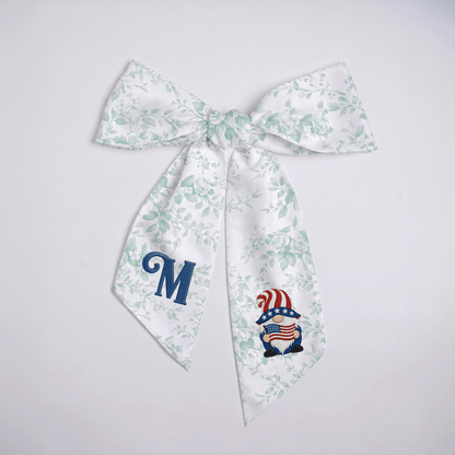Custom Letter Patriotic Gnome American Flag Embroidered Linen Wreath Sash, Personalized Monogram 4th of July Bow Sash for Door Decor