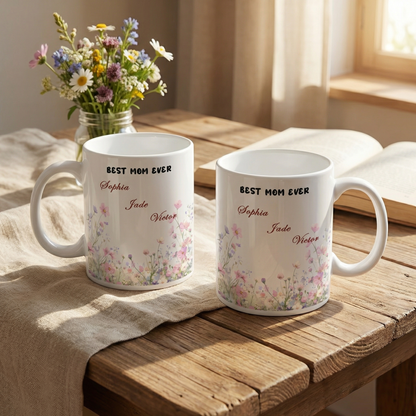 Personalized Mom Floral Mug with Kids Names – Custom Coffee Cup Mother’s Day Gift for Mom