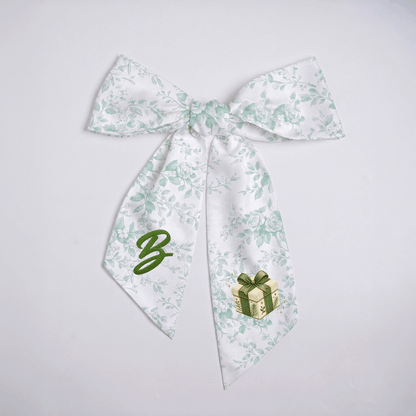 Custom Letter Green Bow Christmas Gift Box Embroidered Linen Wreath Sash, Personalized Monogram Holiday Bow Sash for Door Decor