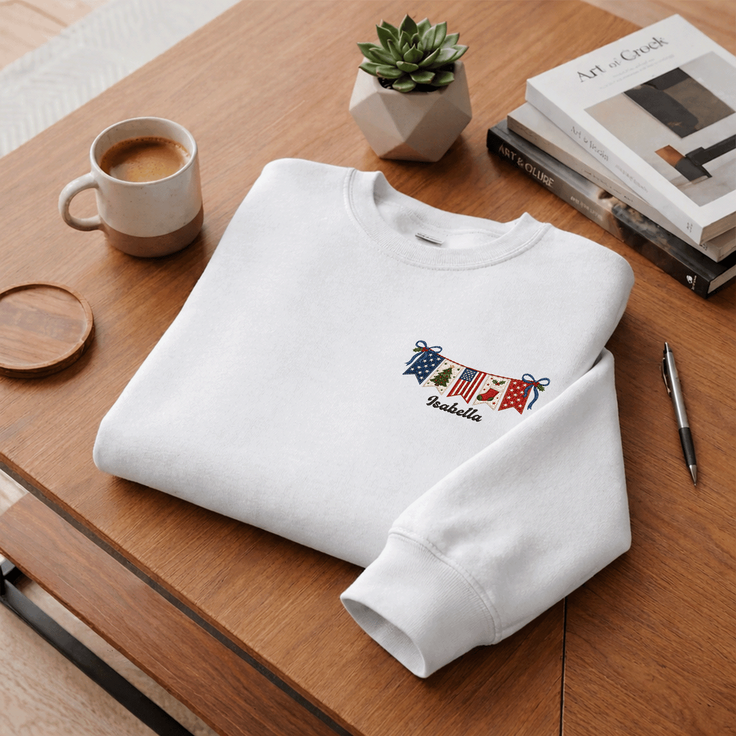 Personalized Christmas American Flag Banner Embroidered Sweatshirt | Custom Name Holiday Crewneck Gift