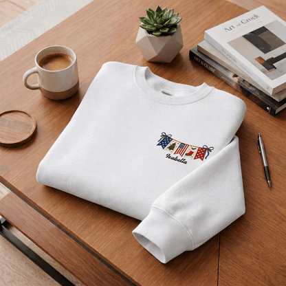 Personalized Christmas American Flag Banner Embroidered Sweatshirt | Custom Name Holiday Crewneck Gift