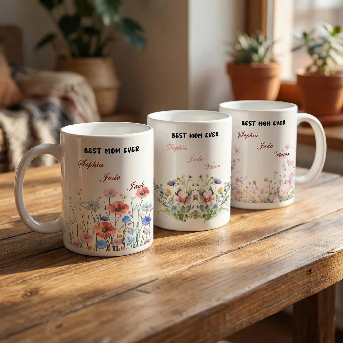 Personalized Mom Floral Mug with Kids Names – Custom Coffee Cup Mother’s Day Gift for Mom