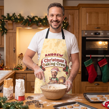 Personalized Christmas Baking Crew Apron with Custom Photo & Name, Yellow Christmas Pattern Apron, Custom Holiday Baking Apron, Christmas Gift for Family