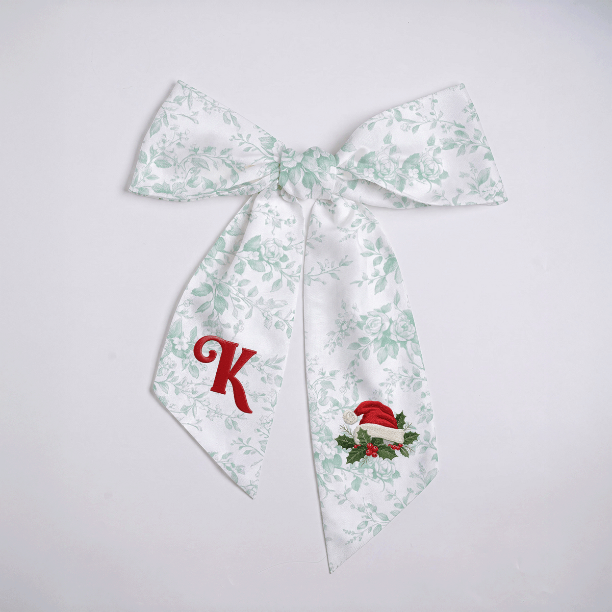 Custom Letter Christmas Santa Hat Embroidered Linen Wreath Sash, Personalized Sage Floral Monogram Bow for Front Door Decor