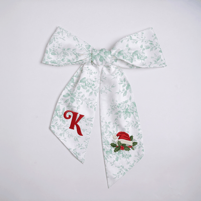 Custom Letter Christmas Santa Hat Embroidered Linen Wreath Sash, Personalized Sage Floral Monogram Bow for Front Door Decor