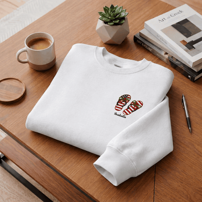 Personalized Patriotic Christmas Flip Flops Embroidered Sweatshirt | Custom Name Holiday Crewneck Gift