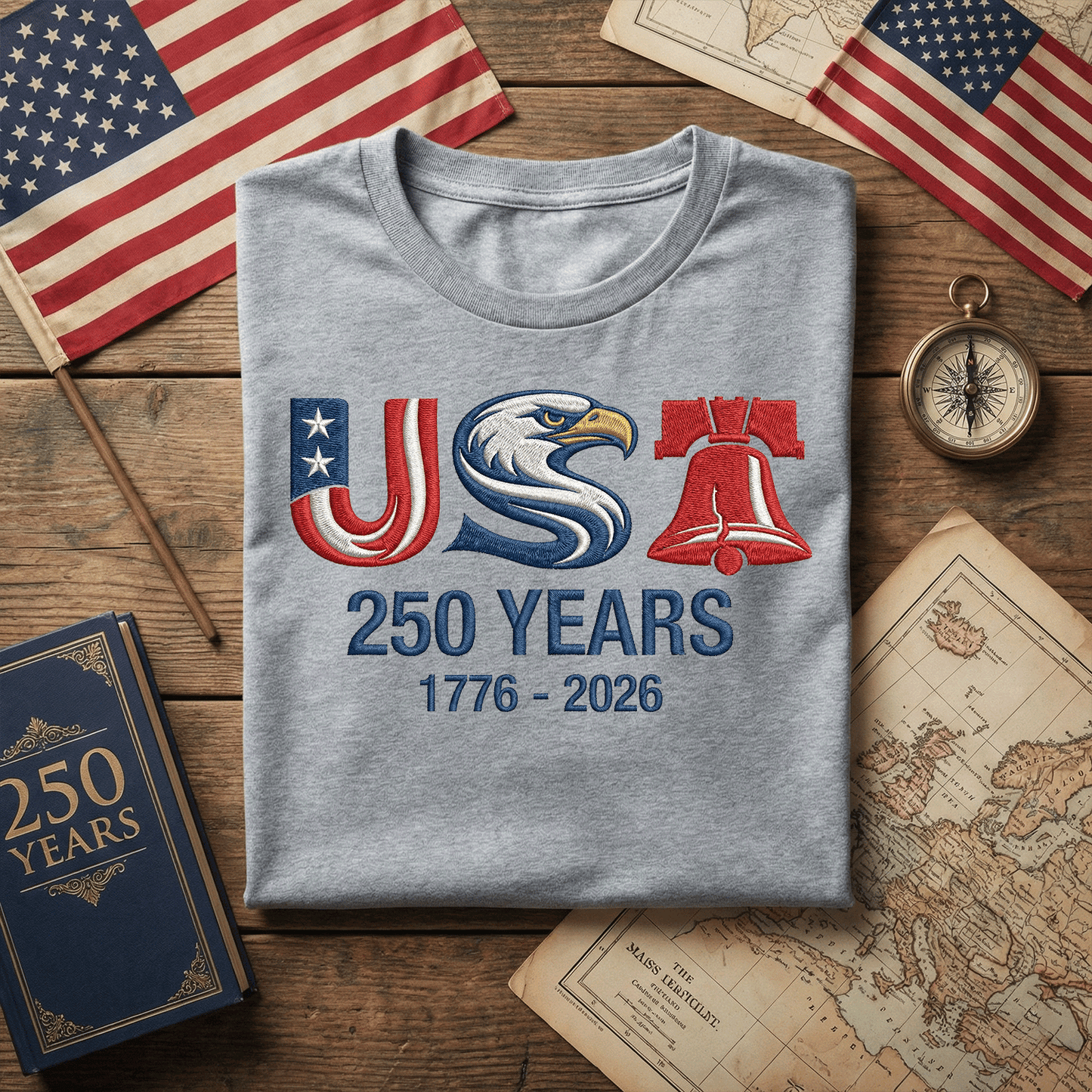 America 250th Anniversary Embroidered T-Shirt – Liberty Eagle Patriotic Shirt