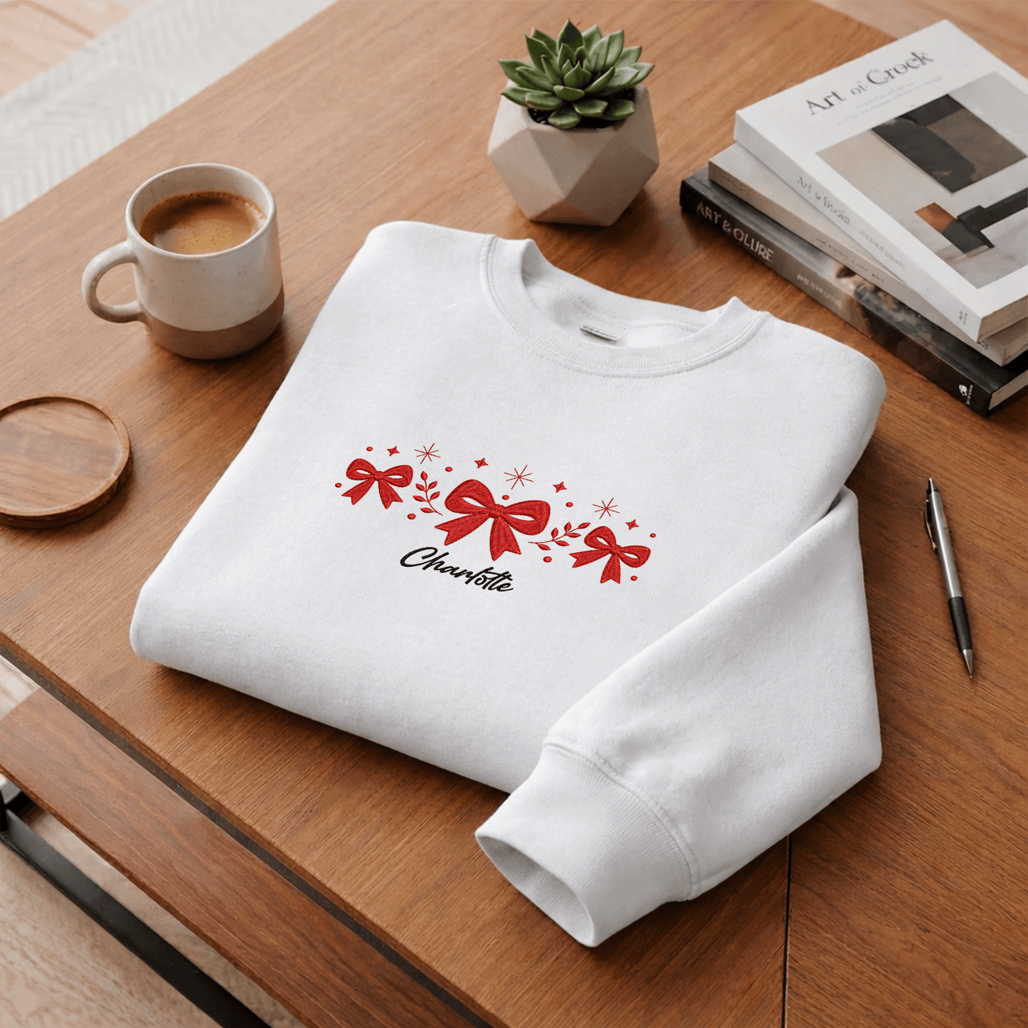 Personalized Embroidered Festive Red Bows Sweatshirt with Custom Name