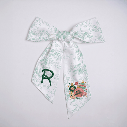 Custom Monogram Merry Christmas Ornaments Embroidered Linen Door Wreath Sash, Personalized Initial Festive Baubles Floral Holiday Wreath Sash & Front Door Decor