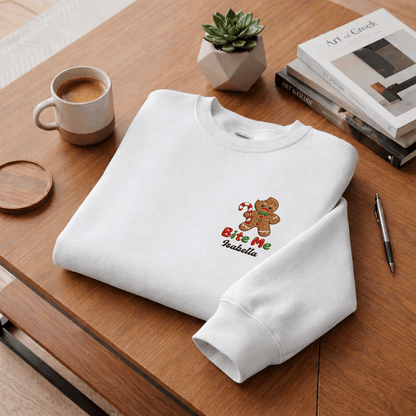 Personalized Embroidered Bite Me Gingerbread Sweatshirt with Custom Name