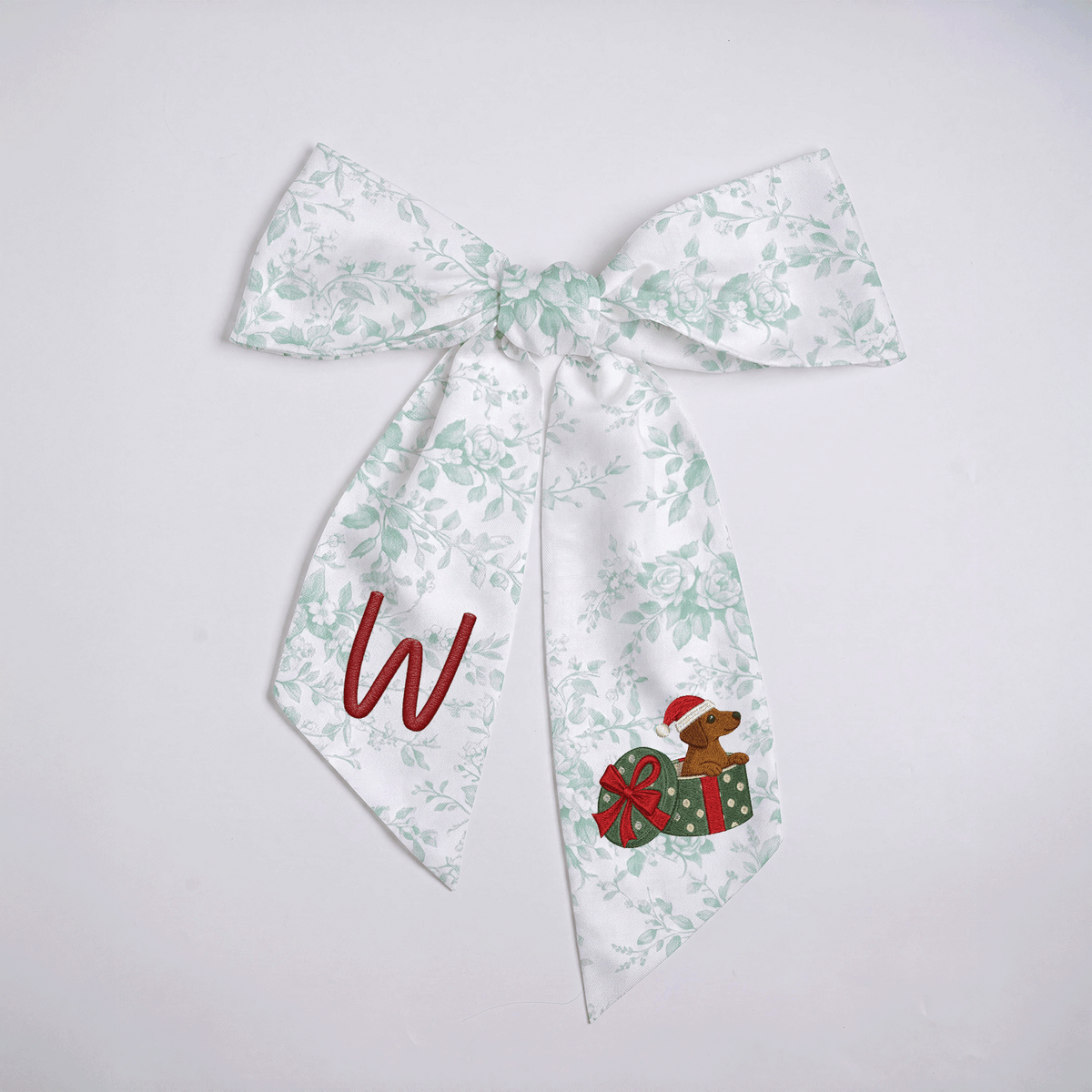 Personalized Monogram Christmas Dog in Present Box Embroidered Linen Door Wreath Sash, Custom Initial Holiday Dachshund Wreath Bow Sash Decor, Festive Front Door Home Accessories