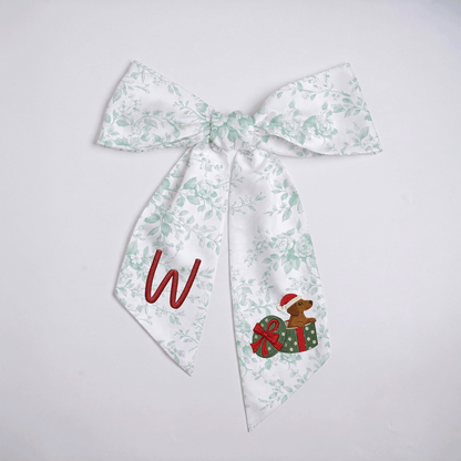 Personalized Monogram Christmas Dog in Present Box Embroidered Linen Door Wreath Sash, Custom Initial Holiday Dachshund Wreath Bow Sash Decor, Festive Front Door Home Accessories