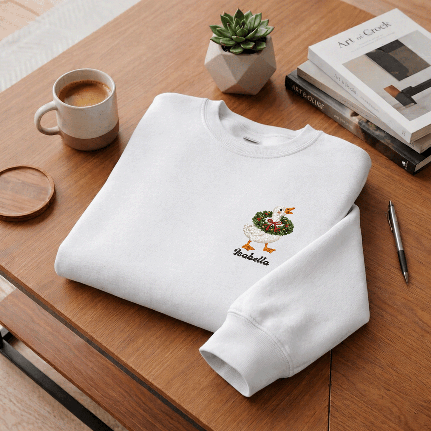 Personalized Embroidered Goose with Christmas Wreath Sweatshirt with Custom Name