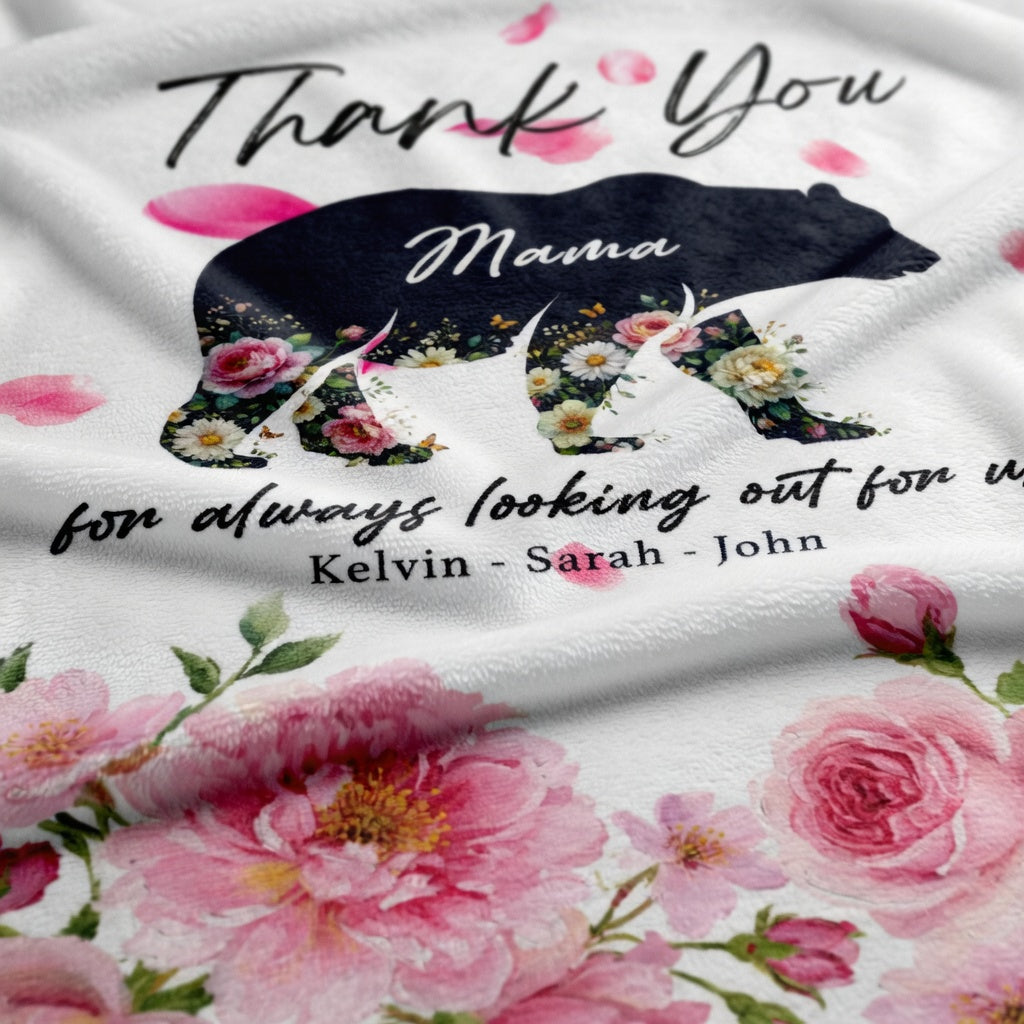 Personalized Mama Bear Sherpa Blanket – Floral Fleece Throw Gift for Mom with Custom Name