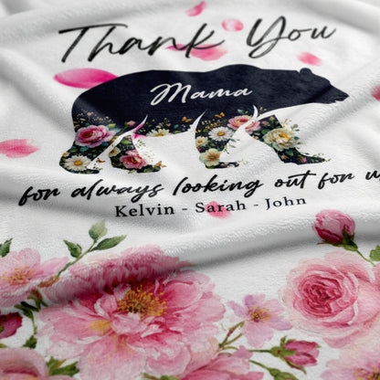 Personalized Mama Bear Sherpa Blanket – Floral Fleece Throw Gift for Mom with Custom Name