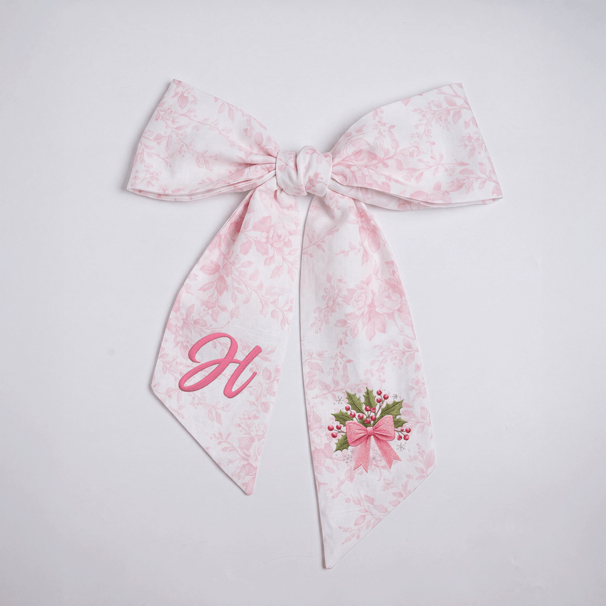 Custom Letter Holly Berries Bow Embroidered Linen Wreath Sash, Personalized Monogram Holiday Bow Sash for Door Decor