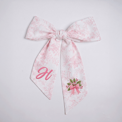 Custom Letter Holly Berries Bow Embroidered Linen Wreath Sash, Personalized Monogram Holiday Bow Sash for Door Decor
