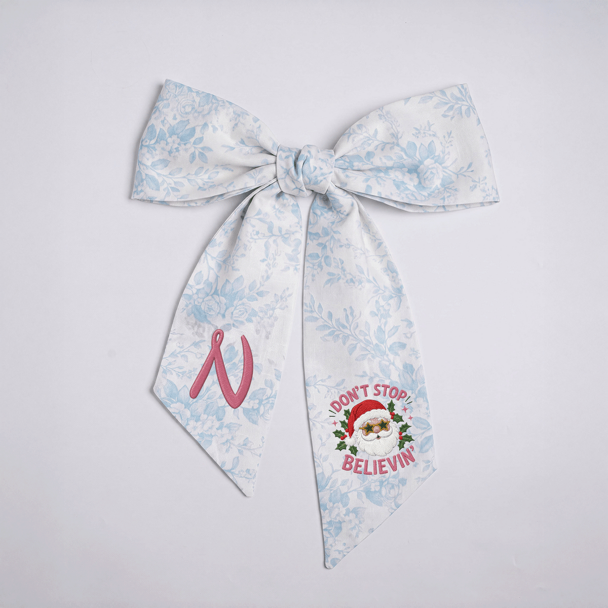 Custom Monogram Don't Stop Believin' Santa Embroidered Linen Door Wreath Sash, Personalized Initial Star Sunglasses Santa Quote Holiday Wreath Sash & Front Door Decor