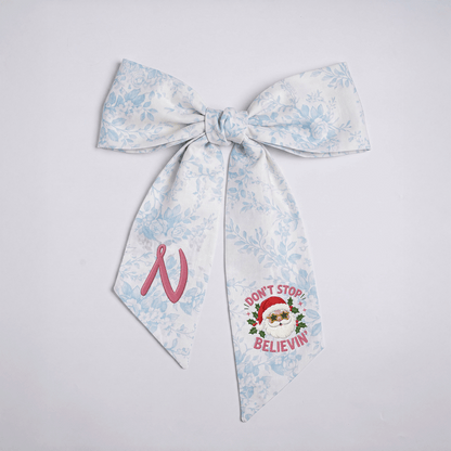 Custom Monogram Don't Stop Believin' Santa Embroidered Linen Door Wreath Sash, Personalized Initial Star Sunglasses Santa Quote Holiday Wreath Sash & Front Door Decor