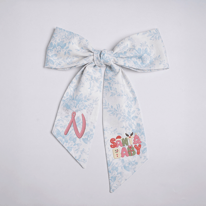 Custom Monogram Santa Baby Embroidered Linen Door Wreath Sash, Personalized Initial Retro Typography Reindeer Pink Tree Holiday Wreath Sash & Front Door Decor