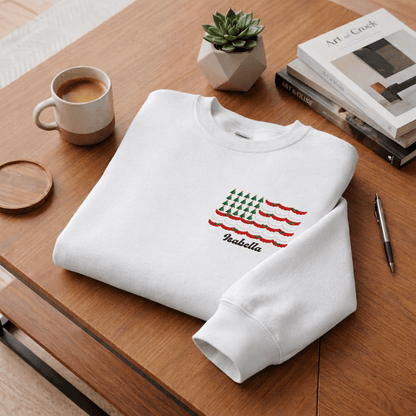 Personalized Christmas Tree American Flag Embroidered Sweatshirt | Custom Name Holiday Crewneck Gift