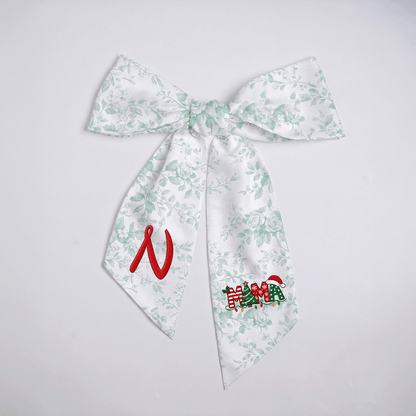 Custom Monogram Mama Embroidered Linen Door Wreath Sash, Personalized Initial Christmas Tree Lights Santa Hat Typography Holiday Wreath Sash & Front Door Decor