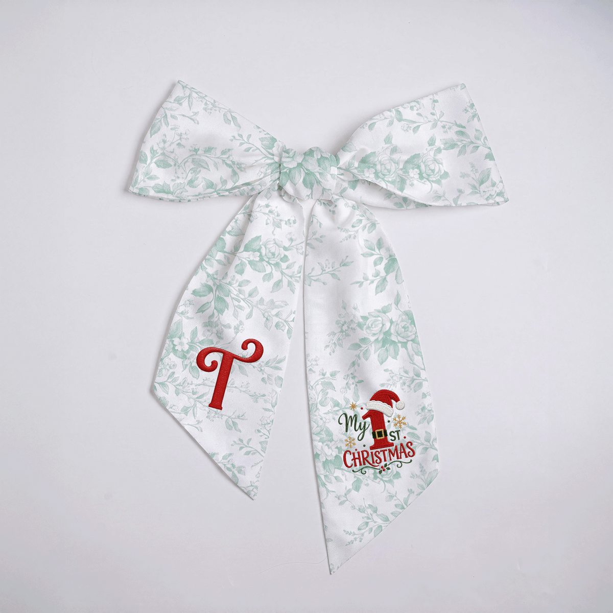 Custom Letter My 1st Christmas Embroidered Linen Wreath Sash, Personalized Monogram Holiday Bow Sash for Baby First Christmas Decor