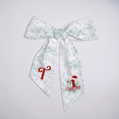 Custom Letter My 1st Christmas Embroidered Linen Wreath Sash, Personalized Monogram Holiday Bow Sash for Baby First Christmas Decor