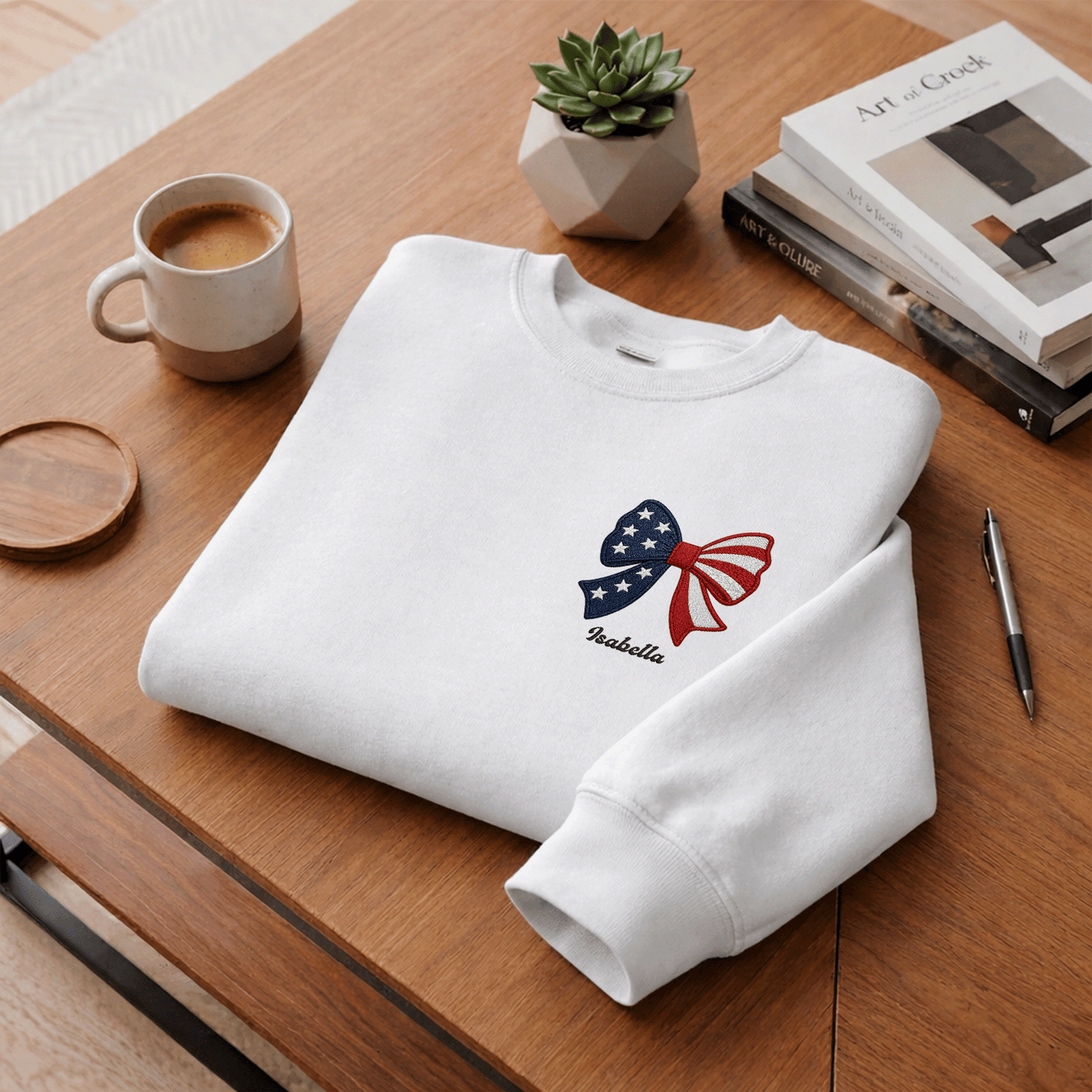 Personalized Christmas American Flag Bow Embroidered Sweatshirt, Custom Name Holiday Crewneck, Patriotic Xmas Gift for Women