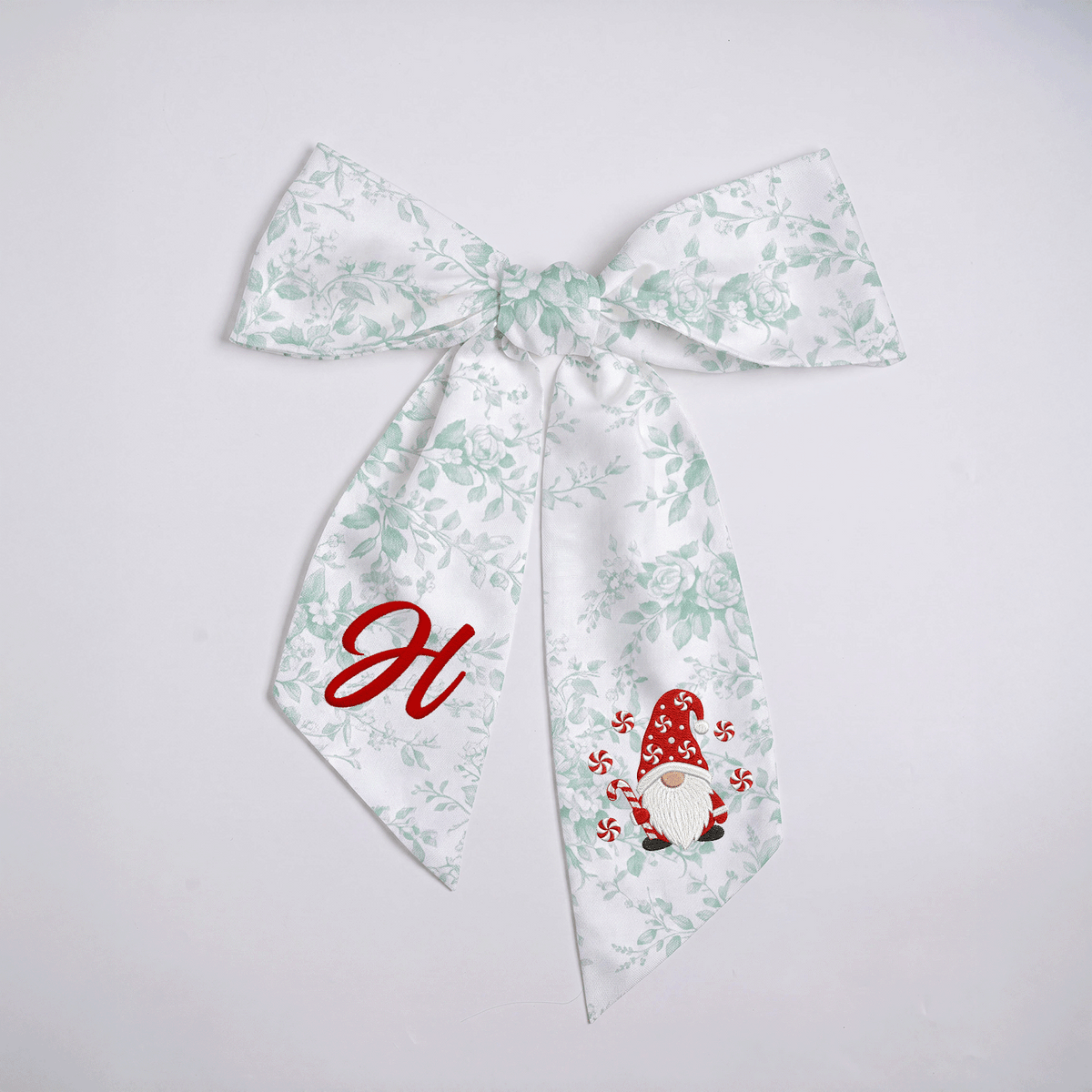 Personalized Monogram Christmas Gnome Embroidered Linen Wreath Sash, Custom Holiday Initial Bow Sash for Door Decor