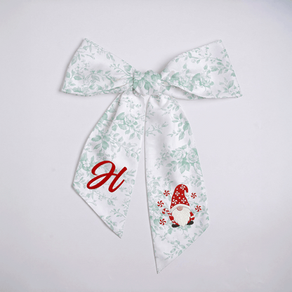 Personalized Monogram Christmas Gnome Embroidered Linen Wreath Sash, Custom Holiday Initial Bow Sash for Door Decor