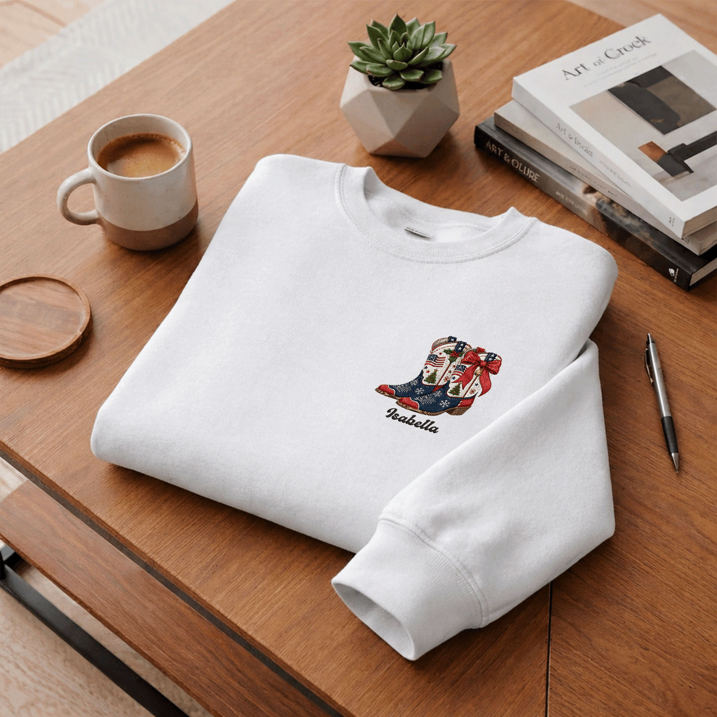 Personalized Patriotic Christmas Cowboy Boots Embroidered Sweatshirt | Custom Name Holiday Crewneck Gift