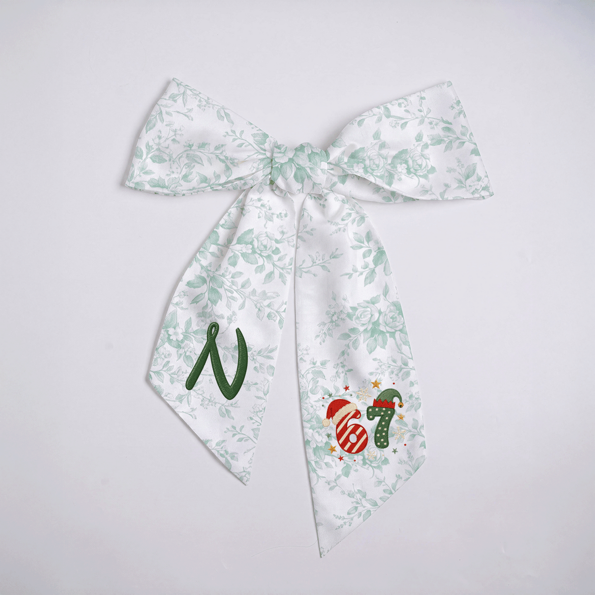 Custom Monogram Christmas 67 Santa Elf Hat Embroidered Linen Door Wreath Sash, Personalized Wreath Sash & Front Door Decor