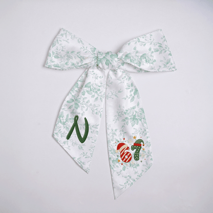 Custom Monogram Christmas 67 Santa Elf Hat Embroidered Linen Door Wreath Sash, Personalized Wreath Sash & Front Door Decor