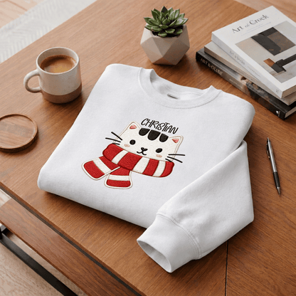 Personalized Embroidered Christmas Scarf Cat Sweatshirt with Custom Name
