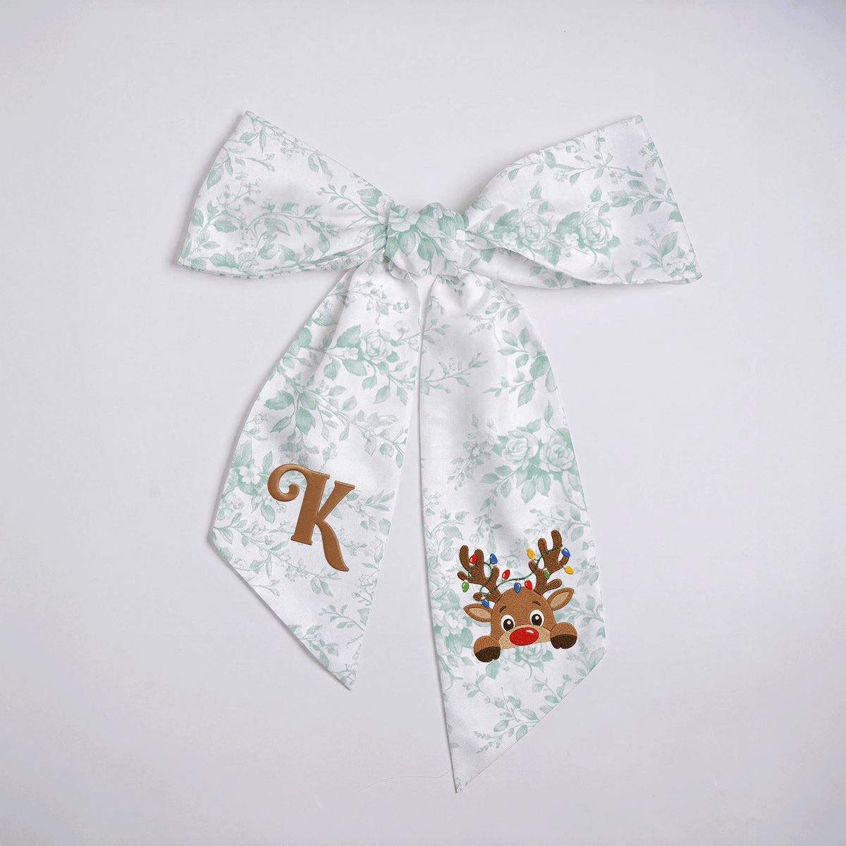 Custom Letter Reindeer Christmas Lights Embroidered Linen Wreath Sash, Personalized Monogram Holiday Bow Sash for Door Decor