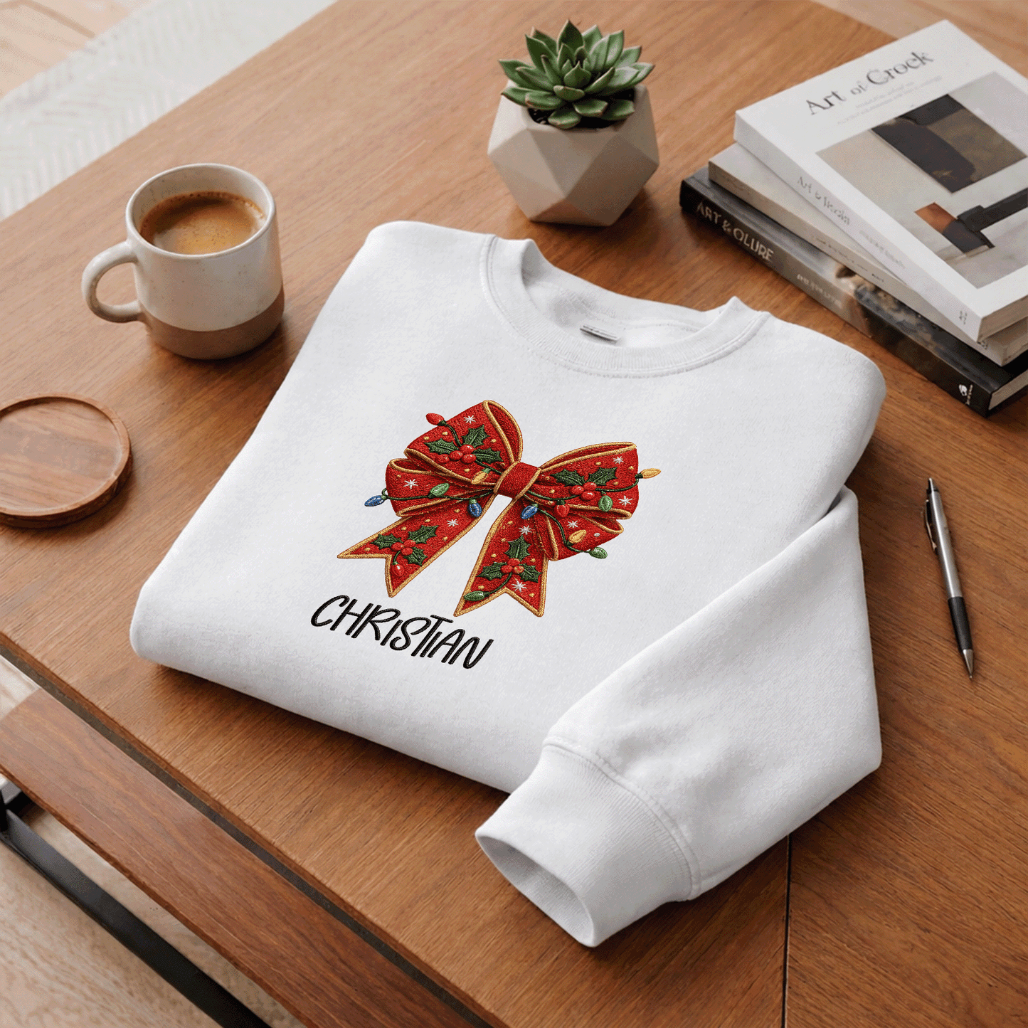 Personalized Embroidered Christmas Bow Sweatshirt with Custom Name