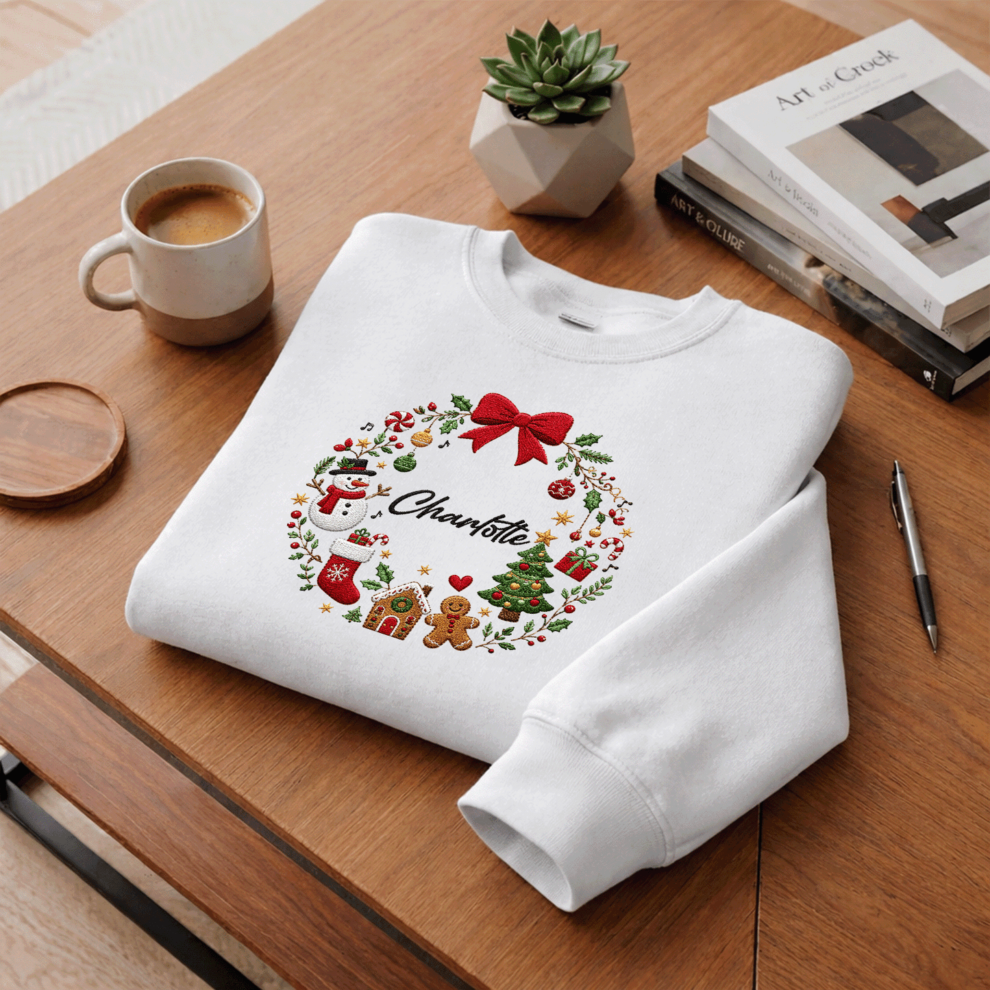 Personalized Embroidered Christmas Wreath Sweatshirt with Custom Name
