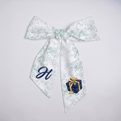 Custom Letter Christmas Gift Box Embroidered Linen Wreath Sash, Personalized Monogram Holiday Bow Sash for Door Decor