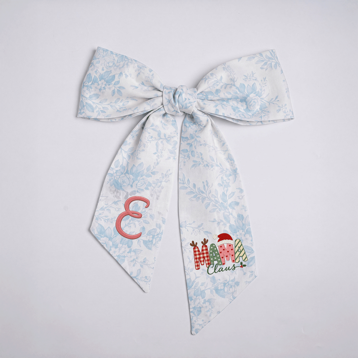 Custom Monogram Mama Claus Embroidered Linen Door Wreath Sash, Personalized Initial Santa Hat Reindeer Festive Typography Holiday Wreath Sash & Front Door Decor