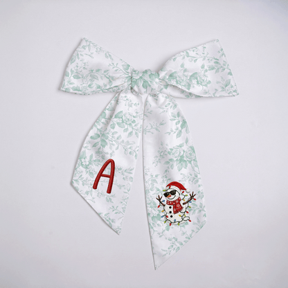 Custom Monogram Cool Snowman Linen Wreath Bow, Personalized Initial Sunglasses Snowman Christmas Wreath Sash & Front Door Decor