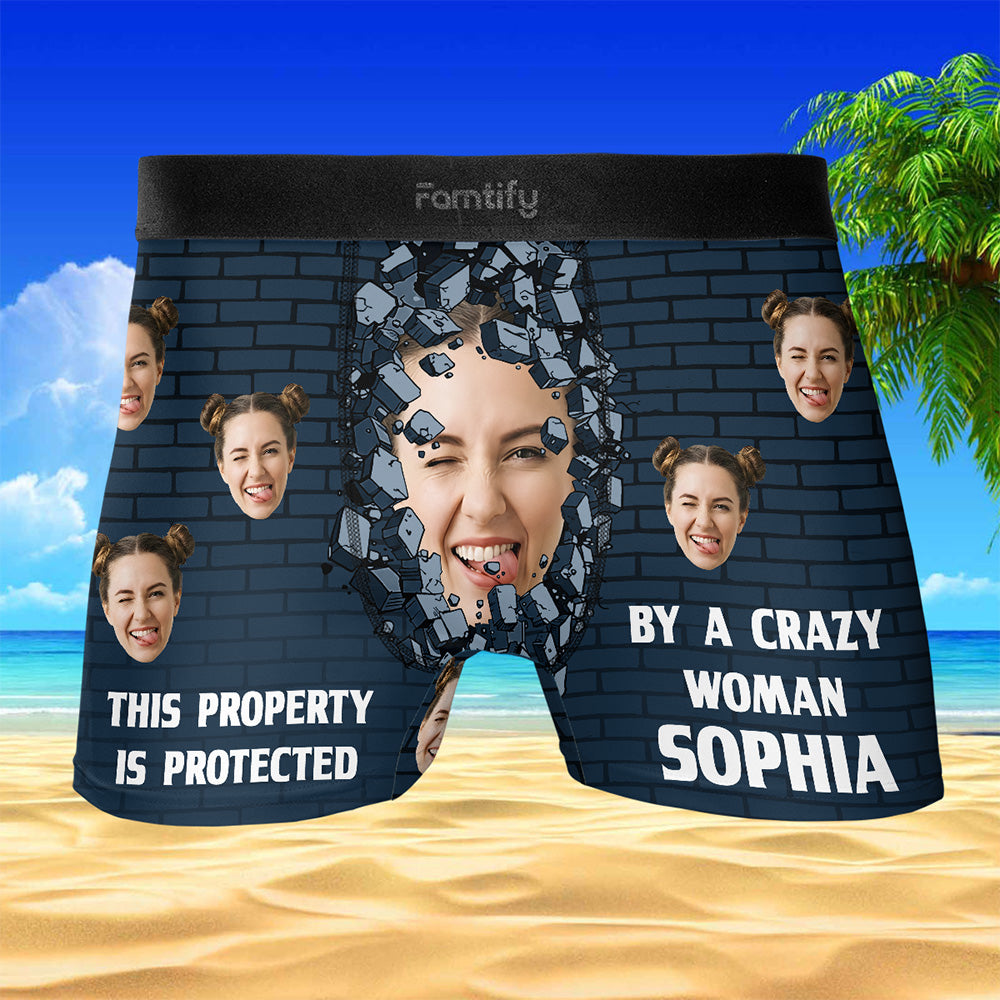 Protected by a Crazy Woman – Hilarious Gift for Husband or Boyfriend – Personalized Photo Men’s Boxer Briefs