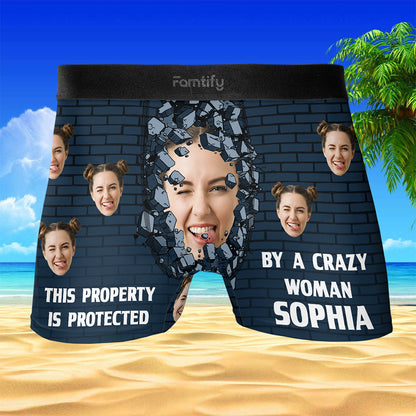 Protected by a Crazy Woman – Hilarious Gift for Husband or Boyfriend – Personalized Photo Men’s Boxer Briefs