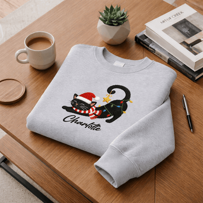 Personalized Embroidered Christmas Black Cat Sweatshirt with Custom Name