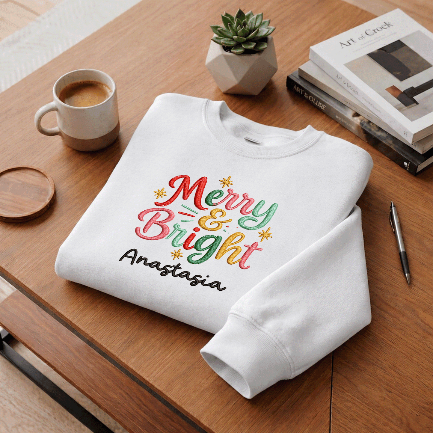 Personalized Embroidered Merry and Bright Sweatshirt with Custom Name